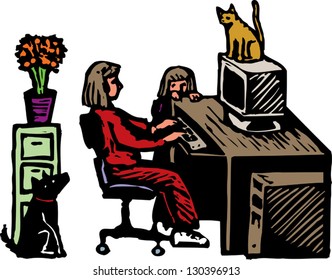 Vector illustration of woman working from home