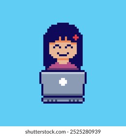 Ilustração vetorial de uma mulher trabalhando com um laptop com Pixel Art Design, perfeito para recursos de jogo projetos temáticos