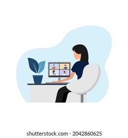 Vector illustration of a woman working on laptop or computer. Work at home, freelancer, study at home. Talks to co-workers via video conferencing. Flat design style.