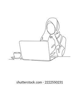 Vector illustration of a woman working on a laptop drawn in line-art style