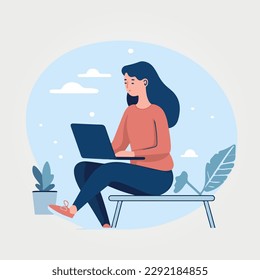 vector illustration, woman working on laptop in office