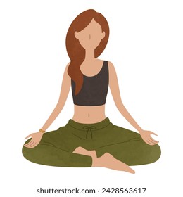 Vector illustration of a woman working on mindfulness meditation. A person doing yoga is sitting cross-legged.