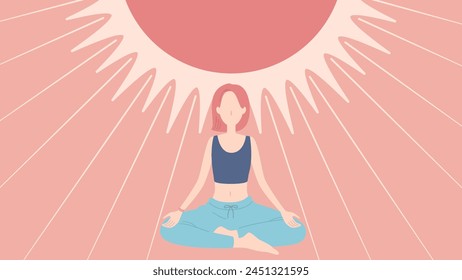 Vector illustration of a woman working on mindfulness meditation with the sun in the background. A person doing yoga.