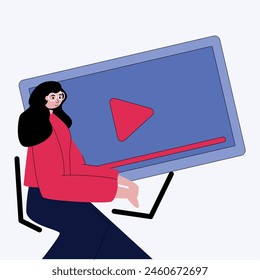 vector illustration of a woman working on a laptop making a video