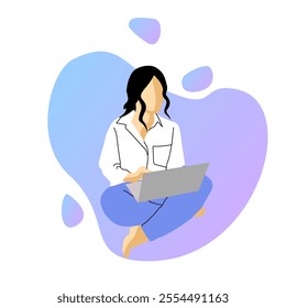 Vector illustration of a woman working on a laptop, representing productivity, remote work, and modern technology. Perfect for office, freelance, work-from-home, and business-related design projects.