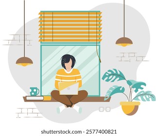 Vector illustration of a woman working on laptop sitting on windowsill with indoor plants, books and cozy lighting. Suitable for remote work, freelancing or lifestyle theme.