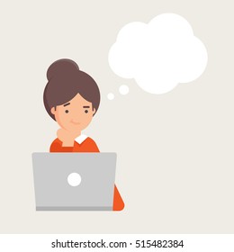 Vector illustration of woman working on the computer and thinking with empty thought bubble