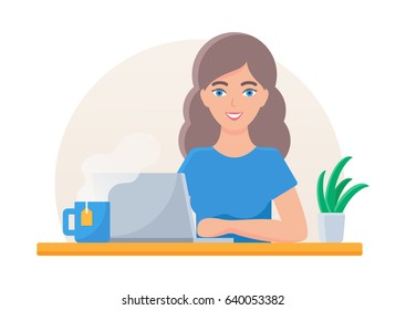 Vector illustration of a woman working on laptop