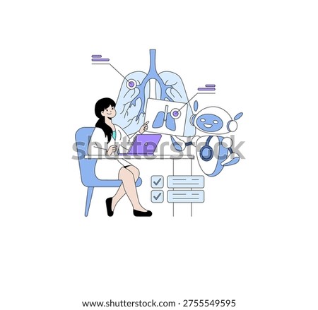 Vector illustration of a woman working with a robot to analyze lung health using a laptop and medical imagery, showing technology's role in healthcare advancements and AI collaboration.