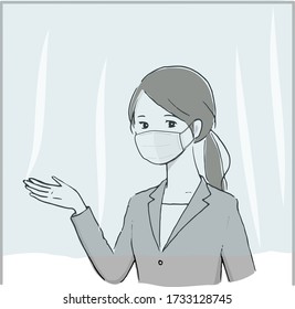 Ilustración vectorial de una mujer que trabaja a través de una cortina de vinilo.