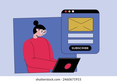 Ilustración vectorial de una mujer que trabaja con un portátil y hay un formulario de boletín electrónico junto a ella, que representa las actividades de marketing por correo electrónico