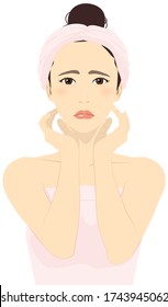 Vector illustration of a woman worring about her skin trouble, putting a towel around her head, touching her face gently, caring for the skin.