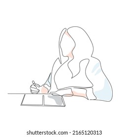 Vector illustration of a woman writing in a notebook drawn in line art style