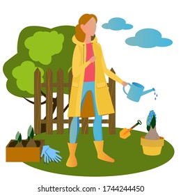 vector illustration with a woman in a yellow raincoat and yellow rubber boots with a watering can in her hands, a girl in the garden on a background of a fence, a tree and clouds