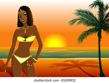 Vector Illustration of a woman in yellow swimsuit on beach during sunset/sunrise.