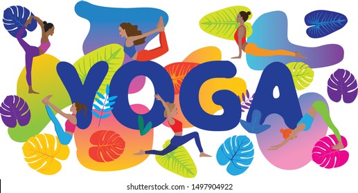 Vector illustration of woman at yoga class in bright colorful outfit. Yoga poses. Sport illustration