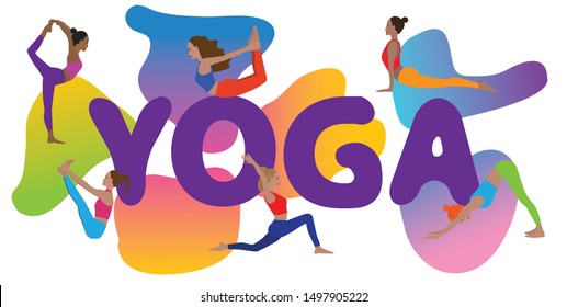 Vector illustration of woman at yoga class in bright colorful outfit. Yoga poses. Sport illustration