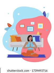 Vector illustration of woman at yoga class in bright colorful outfit on colorful background at home. Yoga poses. Sport illustration