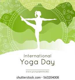 Vector illustration with woman in yoga pose on an mountains landscape background for use as template of poster for International Yoga Day, 21st June.