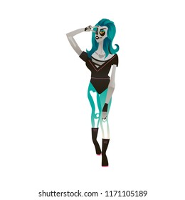 Vector illustration of woman in zombie costume and make up for halloween party in cartoon style isolated on white background - young girl in autumn holiday traditional wear for invitation or greeting.