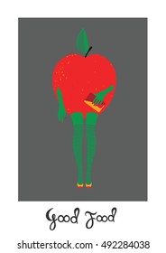 Vector illustration woman-apple and hand written lettering on a gray background
