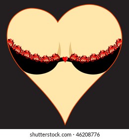 vector illustration with woman's breasts and red and black lace lingerie decorated with red heart