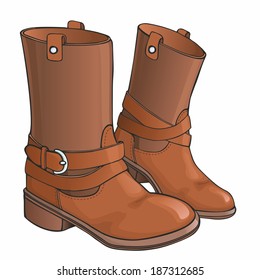Vector Illustration of woman's brown leather boots with decorative belts and metallic buckles without shoelace on white background