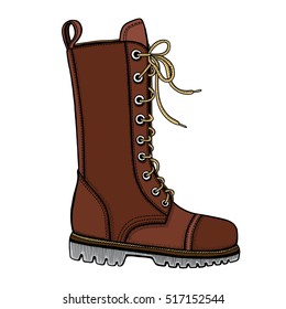 Vector Illustration of woman's brown leather boots with decorative belts and metallic buckles without shoelace on white background