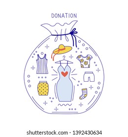 Vector Illustration of woman's clothes donation. Charity hand drawn concept. Vector color illustration.