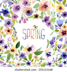 Vector illustration for Woman's Day and different holidays. Cute summer and spring card. Floral pattern with watercolor flowers on the white background. Isolated pansy on wreath, garland