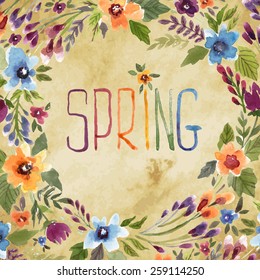 Vector illustration for Woman's Day and different holidays. Cute summer and spring card. Floral pattern with watercolor flowers on the vintage background. Isolated pansy on wreath, garland