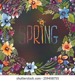 Vector illustration for Woman's Day and different holidays. Cute summer and spring card. Floral pattern with watercolor flowers on the blurred background. Isolated pansy on wreath, garland