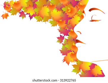Vector illustration woman's face with autumn leaves