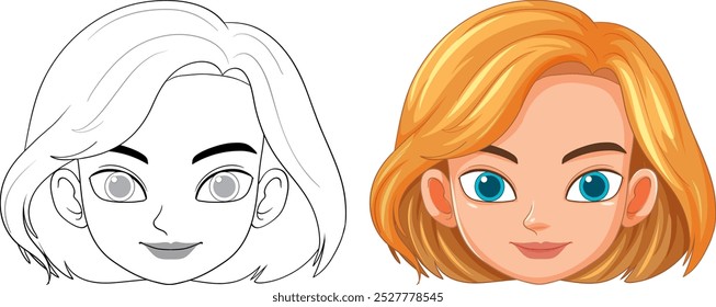 Ilustración vectorial de la cara de una mujer en color y contorno