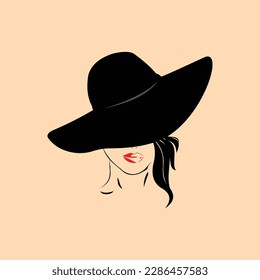 ilustración vectorial de la cara de la mujer cubierta en sombrero con labios rojos aislados en fondo beige