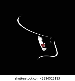 vector illustration of woman's face in darkness with sexy red lips. silhouette of a beautiful woman's face in a hat. great for wall decoration.