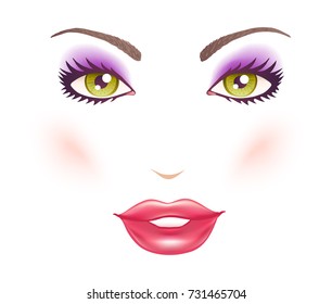 Vector illustration of a woman's face with makeup. Green eyes and lips.
