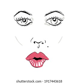 Vector illustration with a woman's face with a mole and pink lips. Hand drawn icon and symbol for print, poster, sticker, card design, invitations to the fashion week, picture for make-up certificate.