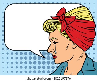 Vector illustration of woman's face in pop art style over dot pattern background. Pretty woman in retro style is crying.