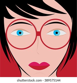 Vector illustration of woman's face in red glasses on red background