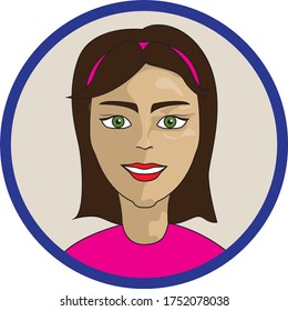 Vector illustration of a woman's face smiling framed by a blue circle, like a portrait.