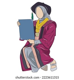 vector illustration of a woman's graduation in hijab, carrying a diploma.