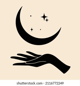 Vector illustration of woman's hand with beautiful long fingers holding crescent moon stars. Ramadan holiday icon. Witchery fortune telling astrology tarot concept. Logo element for beauty