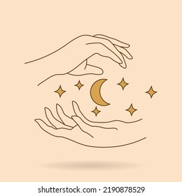 Vector illustration of woman's hand with beautiful long fingers holding crescent moon stars. Ramadan holiday icon. Witchery fortune telling astrology tarot concept. Logo element for beauty.