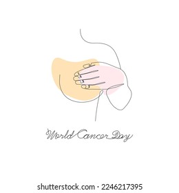 vector illustration of woman's hand covering her breast for world cancer day in minimalist line art