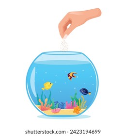 Vector illustration of a woman's hand feeding fish at home, close-up round aquarium