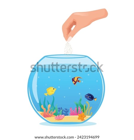 Vector illustration of a woman's hand feeding fish at home, close-up round aquarium