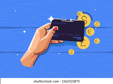 Vector illustration of a woman's hand holding a Bank card, icons of international currencies, coins