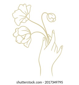 Vector Illustration of a Woman's Hand Holding a Flowers Bouquet. Linear Design.