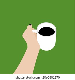 Vector illustration of a woman's hand holding a cup of coffee on a green background